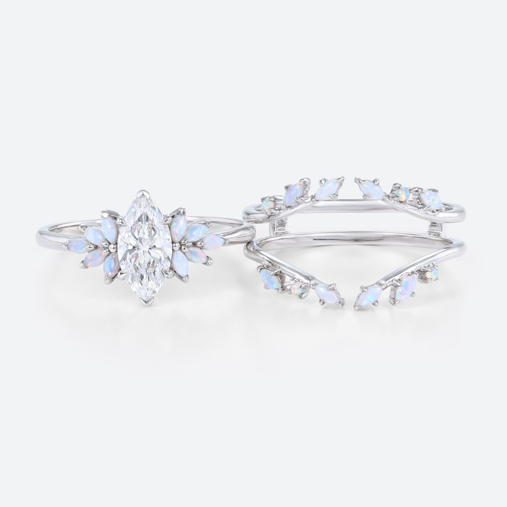 1ct Marquise Cut Lab Diamond Rings​ Set with Opal Cluster Enhancer Bands in White Gold