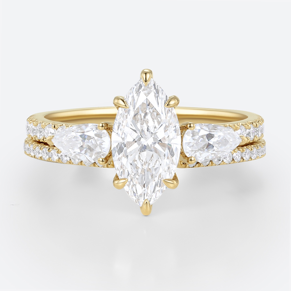 Marquise Cut 1ct Lab Grown Diamond Ring Set Pavé 6 Claw Prong Engagement Ring Set in Yellow Gold