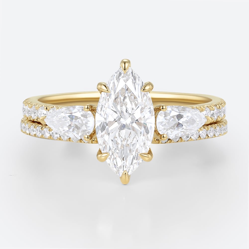 Marquise Cut 1ct Lab Grown Diamond Ring​ Set Pavé 6 Claw Prong Engagement Ring Set in Yellow Gold