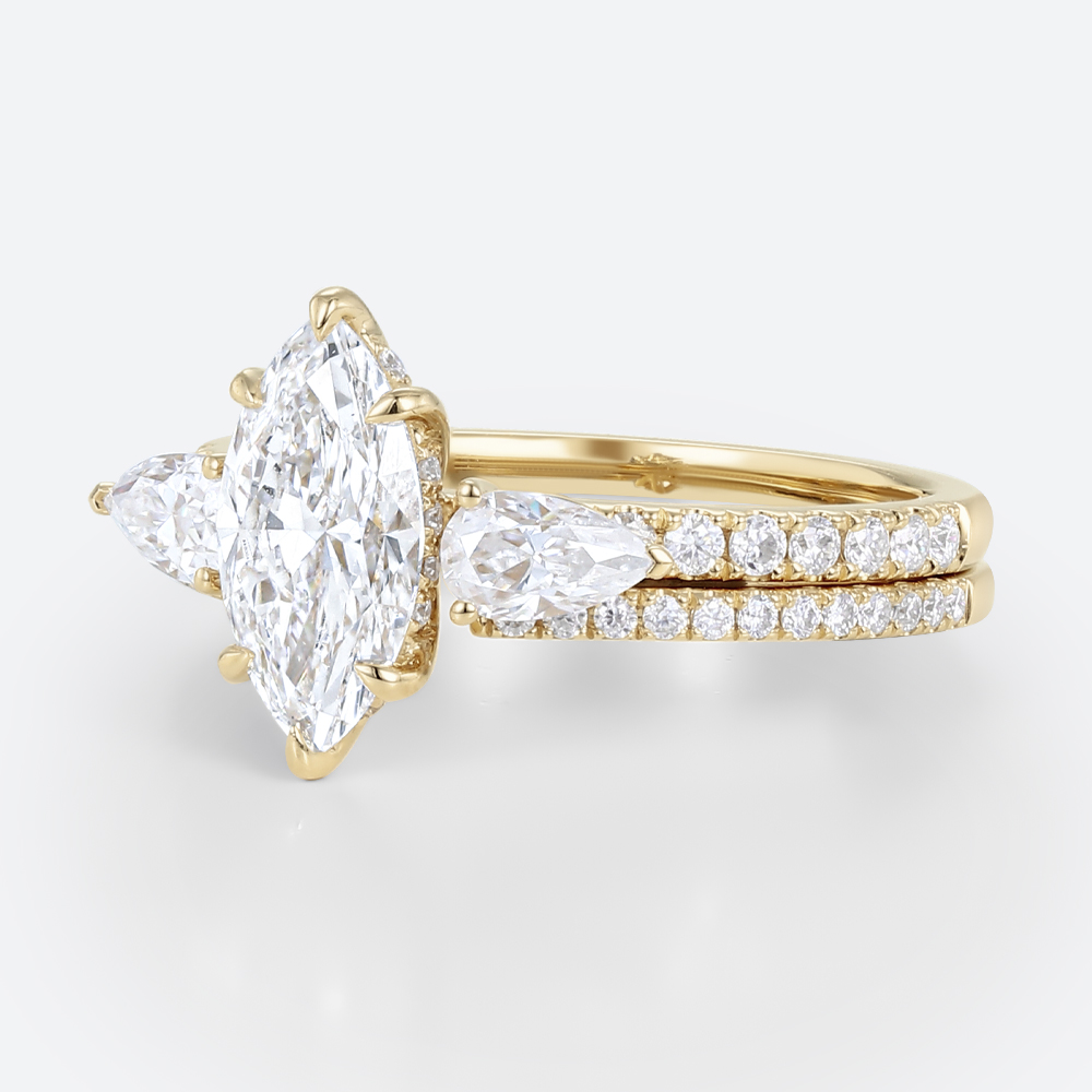 Marquise Cut 1ct Lab Grown Diamond Ring​ Set Pavé 6 Claw Prong Engagement Ring Set in Yellow Gold
