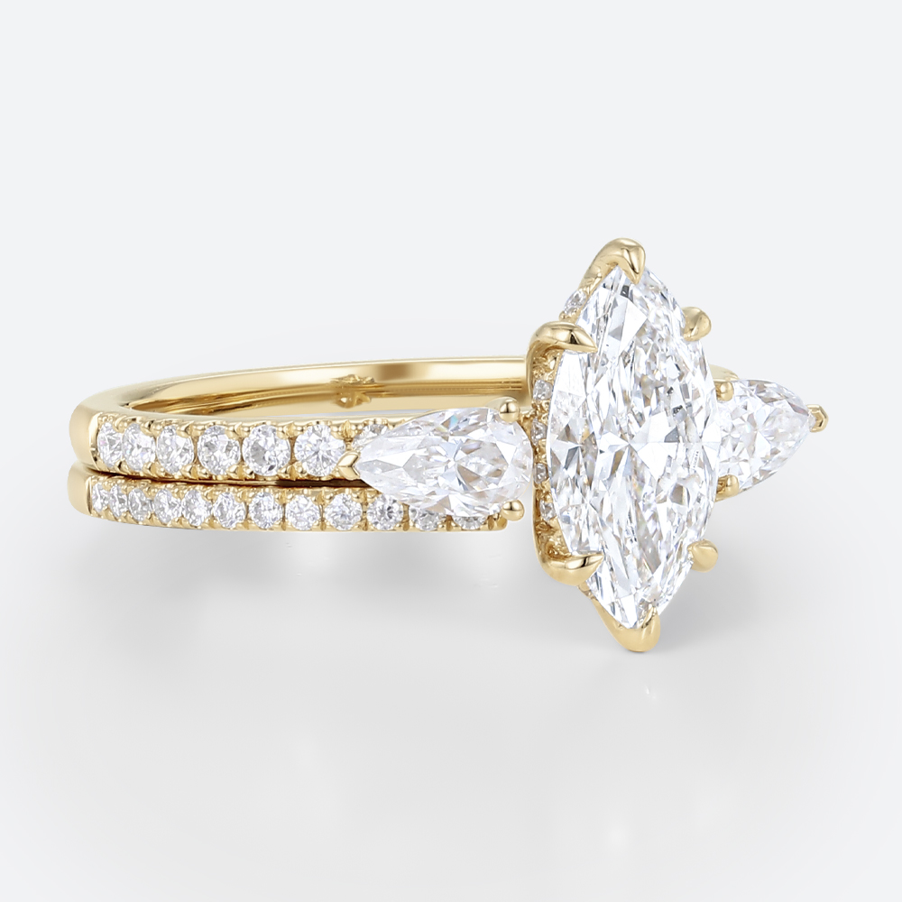 Marquise Cut 1ct Lab Grown Diamond Ring​ Set Pavé 6 Claw Prong Engagement Ring Set in Yellow Gold