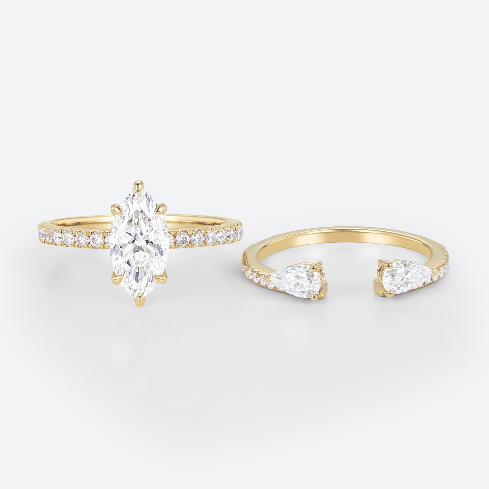 Marquise Cut 1ct Lab Grown Diamond Ring​ Set Pavé 6 Claw Prong Engagement Ring Set in Yellow Gold