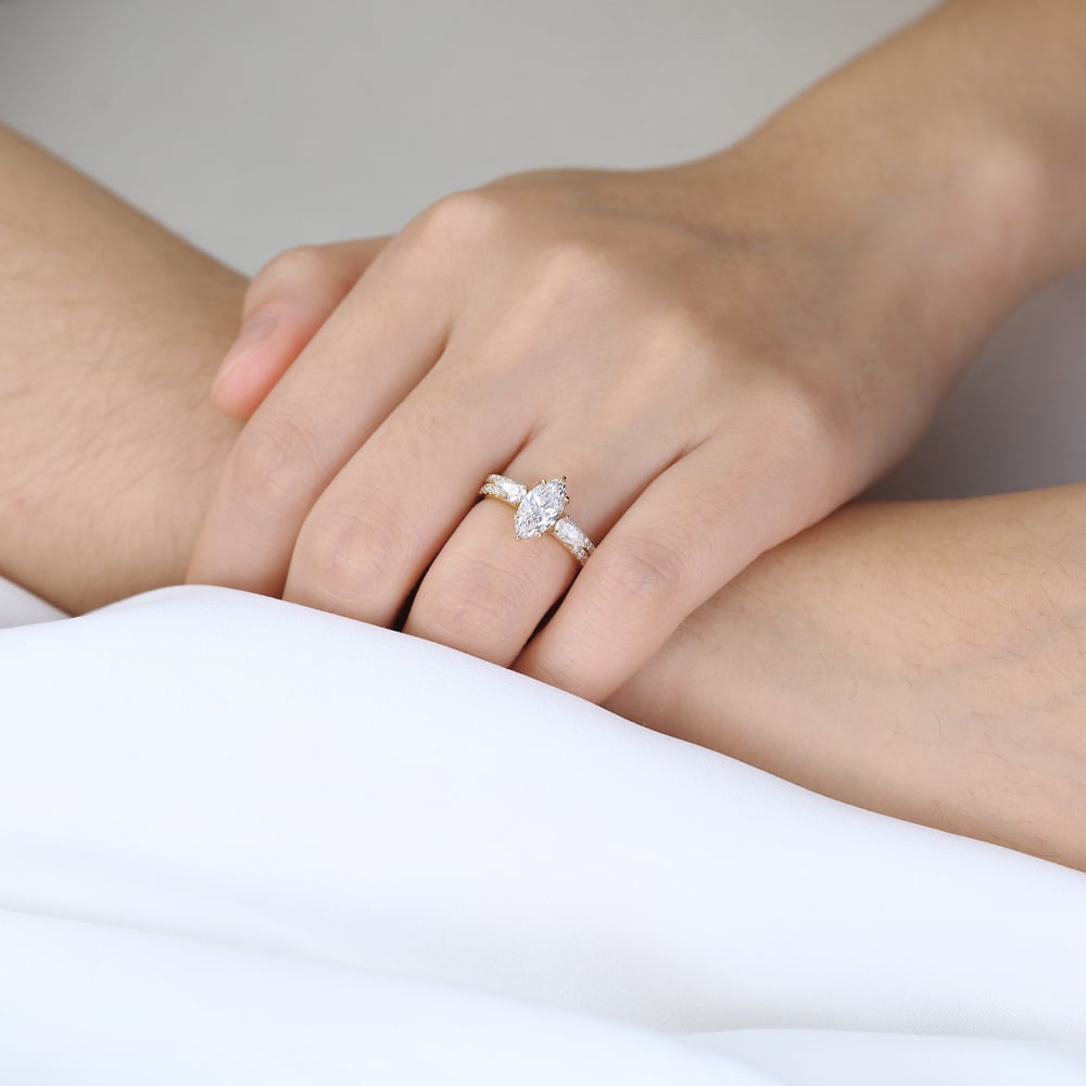 Marquise Cut 1ct Lab Grown Diamond Ring​ Set Pavé 6 Claw Prong Engagement Ring Set in Yellow Gold