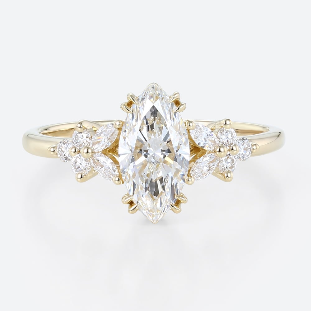 1ct Colorless VS+ Marquise Cut Lab Grown Diamond Petal Side Stones Double Claw Prong Engagement Ring in Yellow Gold