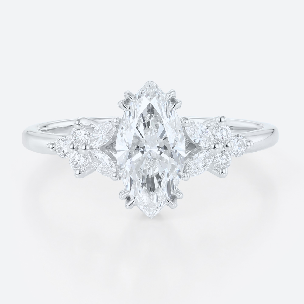 1ct Colorless VS+ Marquise Cut Lab Grown Diamond Petal Side Stones Double Claw Prong Engagement Ring in Yellow Gold
