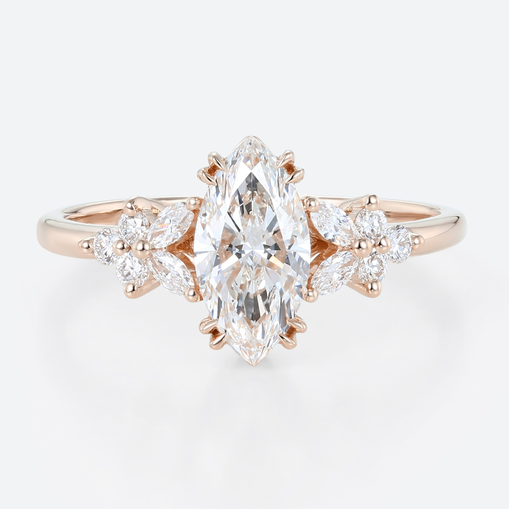 1ct Colorless VS+ Marquise Cut Lab Grown Diamond Petal Side Stones Double Claw Prong Engagement Ring in Yellow Gold