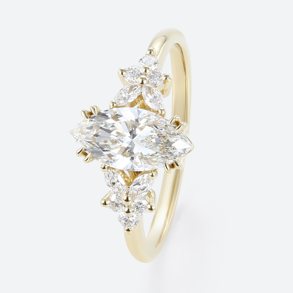 1ct Colorless VS+ Marquise Cut Lab Grown Diamond Petal Side Stones Double Claw Prong Engagement Ring in Yellow Gold