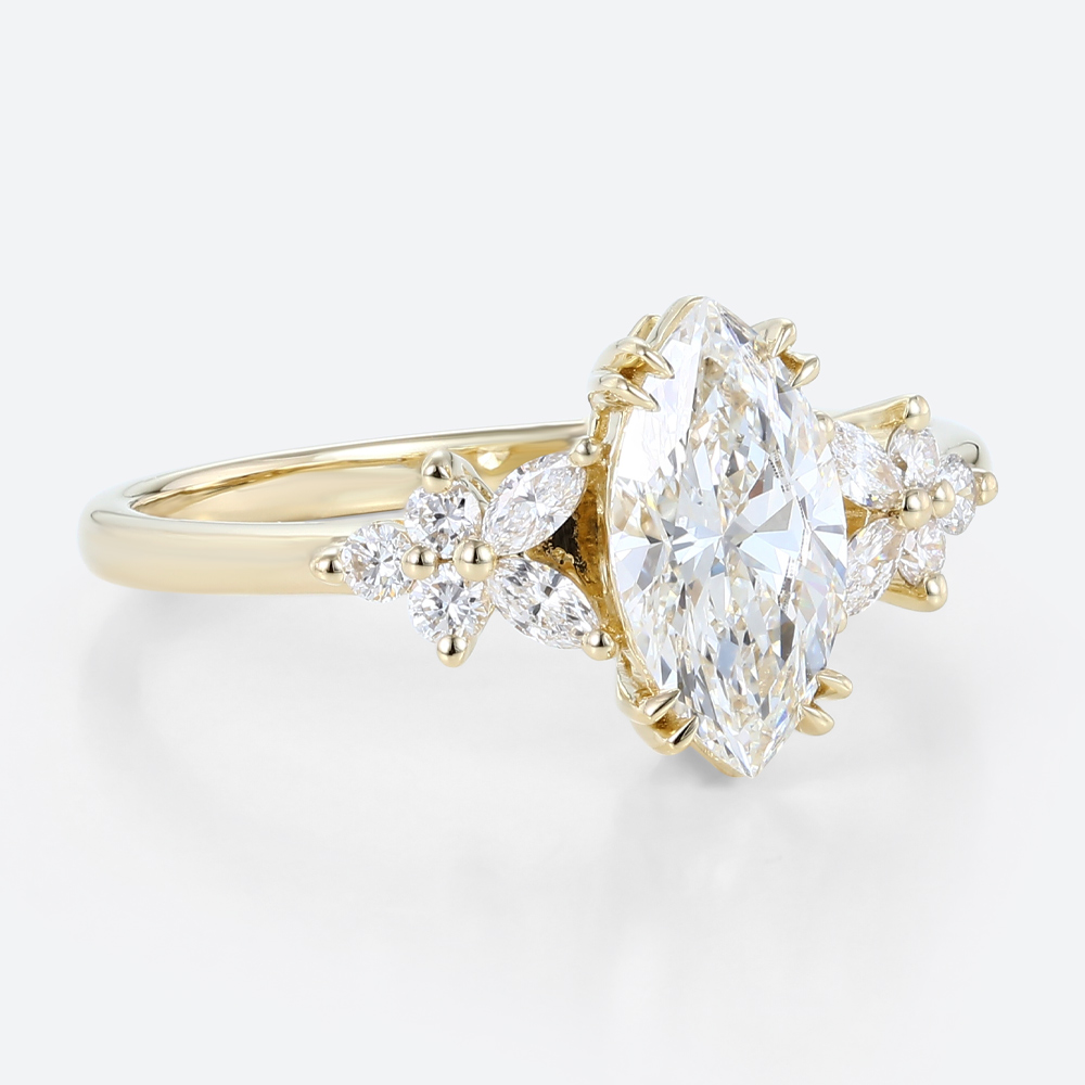 1ct Colorless VS+ Marquise Cut Lab Grown Diamond Petal Side Stones Double Claw Prong Engagement Ring in Yellow Gold