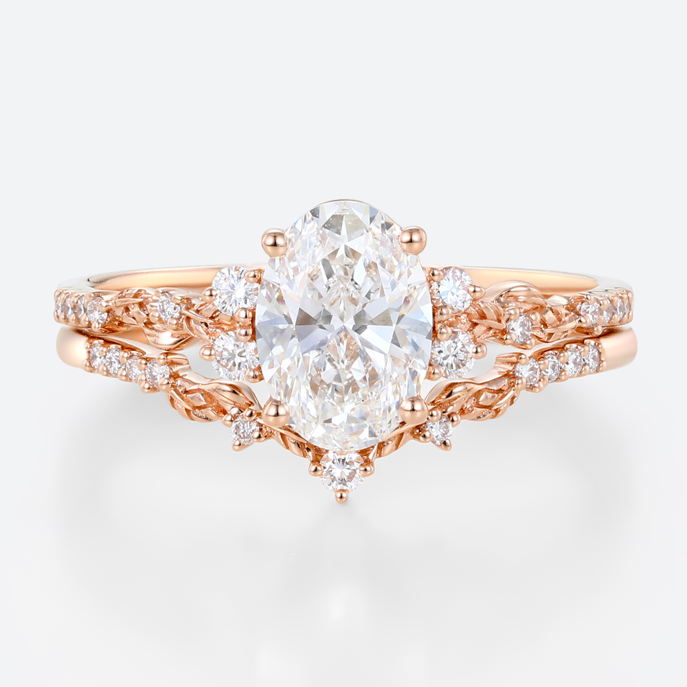 1ct Oval Lab Diamond Rings Set Art Nouveau 4-Prong Engagement Ring in White Gold