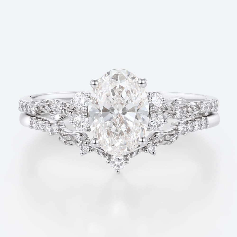 1ct Oval Lab Diamond Rings Set Art Nouveau 4-Prong Engagement Ring in White Gold