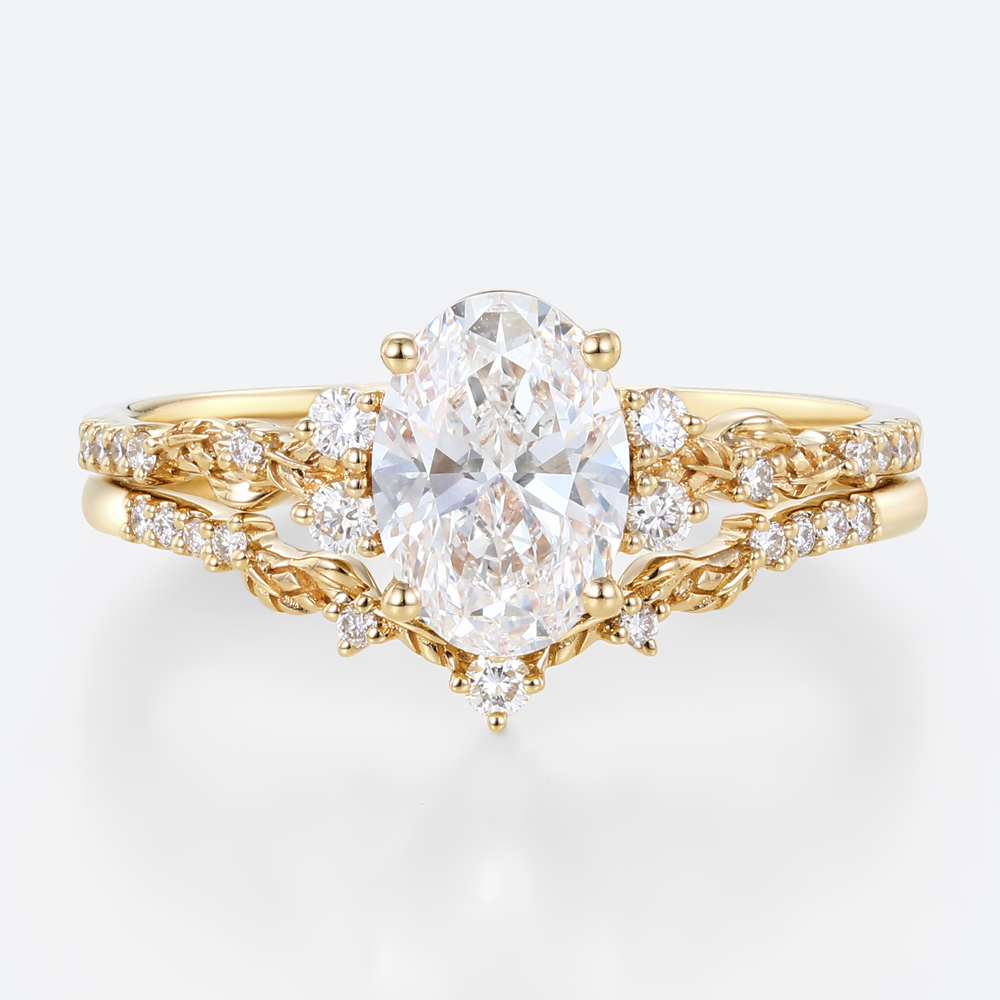 1ct Oval Lab Diamond Rings Set Art Nouveau 4-Prong Engagement Ring in White Gold
