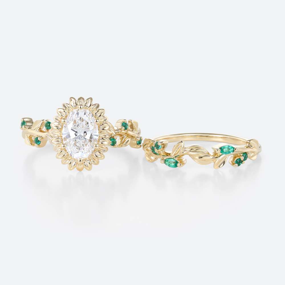1 Carat Lab Diamond Ring Wedding Ring Sets Oval Sunflower Design