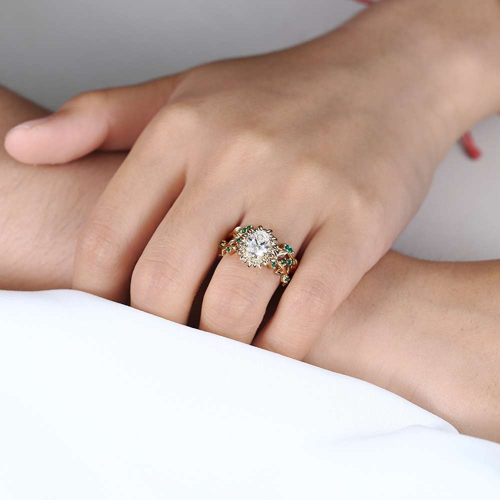 1 Carat Lab Diamond Ring Wedding Ring Sets Oval Sunflower Design