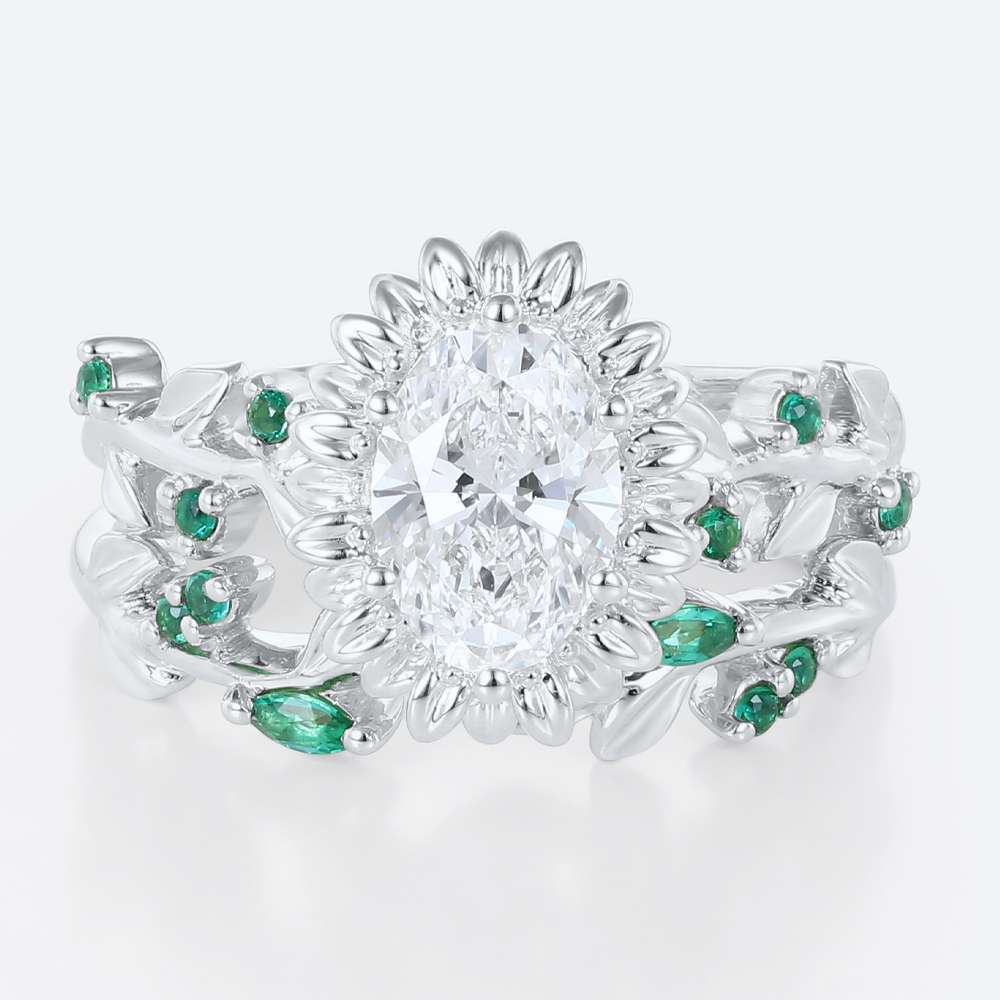 1 Carat Lab Diamond Ring Wedding Ring Sets Oval Sunflower Design in white gold