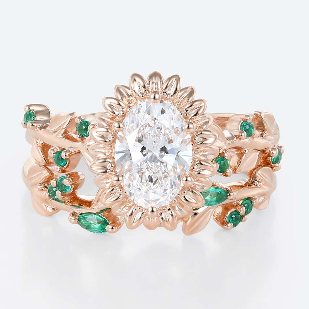 1 Carat Lab Diamond Ring Wedding Ring Sets Oval Sunflower Design in rose gold