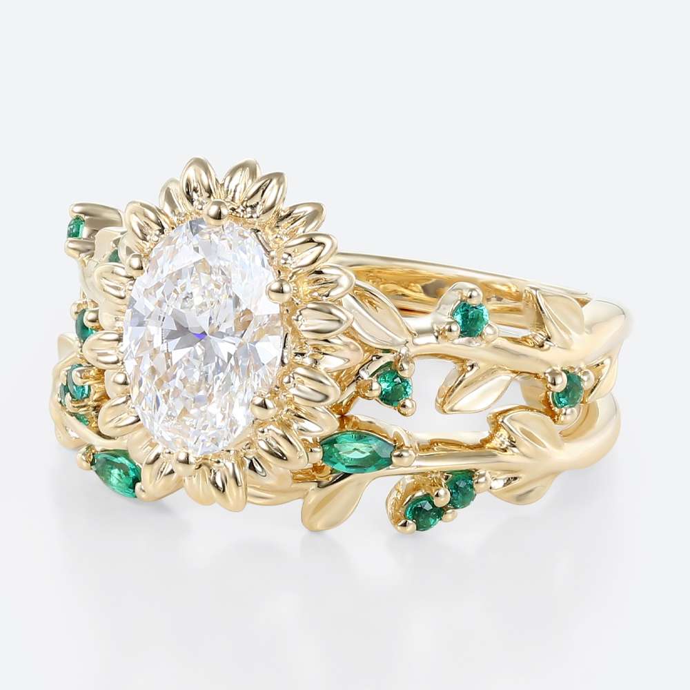 1 Carat Lab Diamond Ring Wedding Ring Sets Oval Sunflower Design With emerald wedding ring