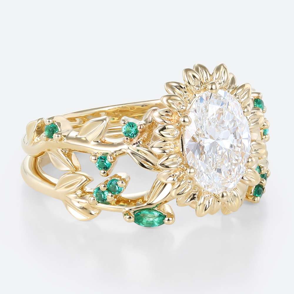 1 Carat Lab Diamond Ring Wedding Ring Sets Oval Sunflower Design With emerald wedding ring