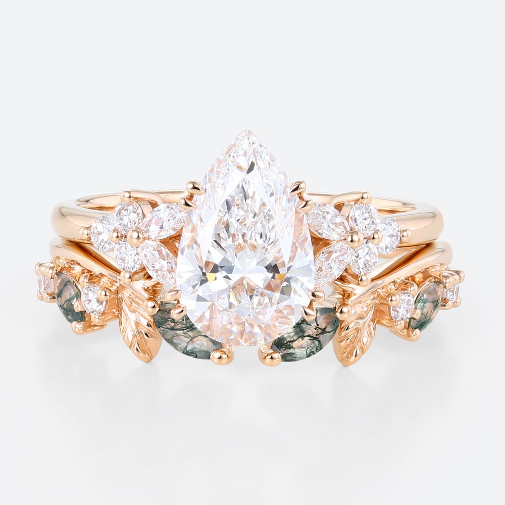 1ct Pear Cut Lab Diamond Ring Set & Moss Agate Wedding Bands