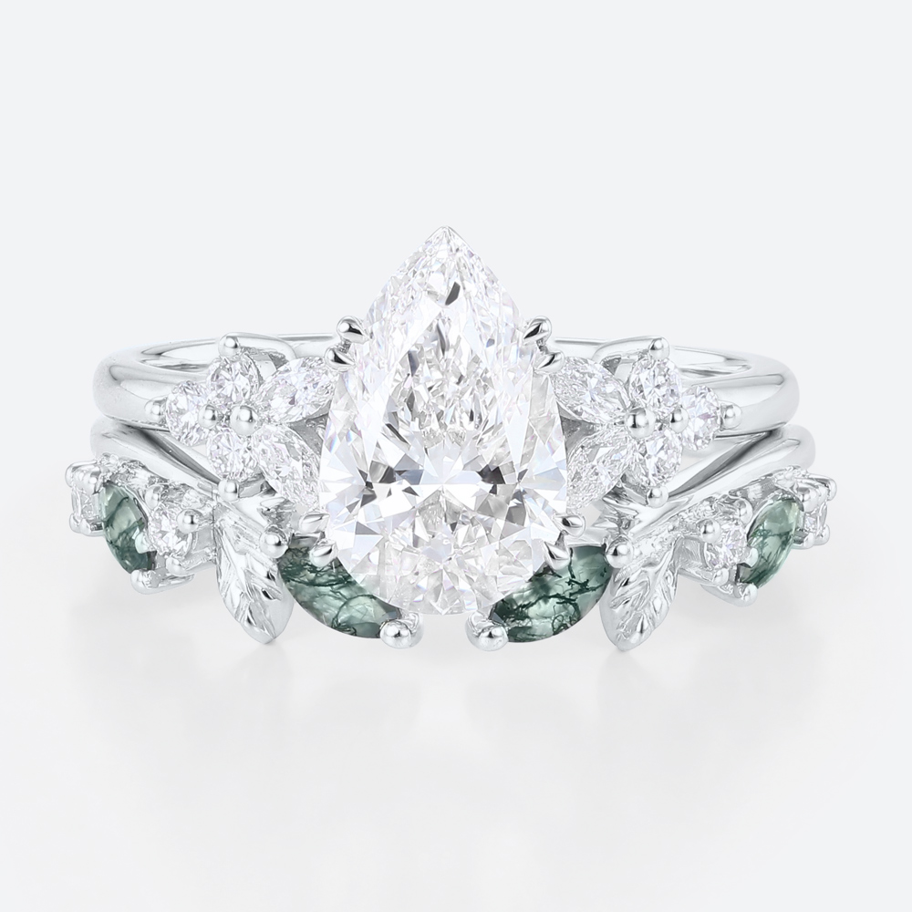 1ct Pear Cut Lab Diamond Ring Set & Moss Agate Wedding Bands