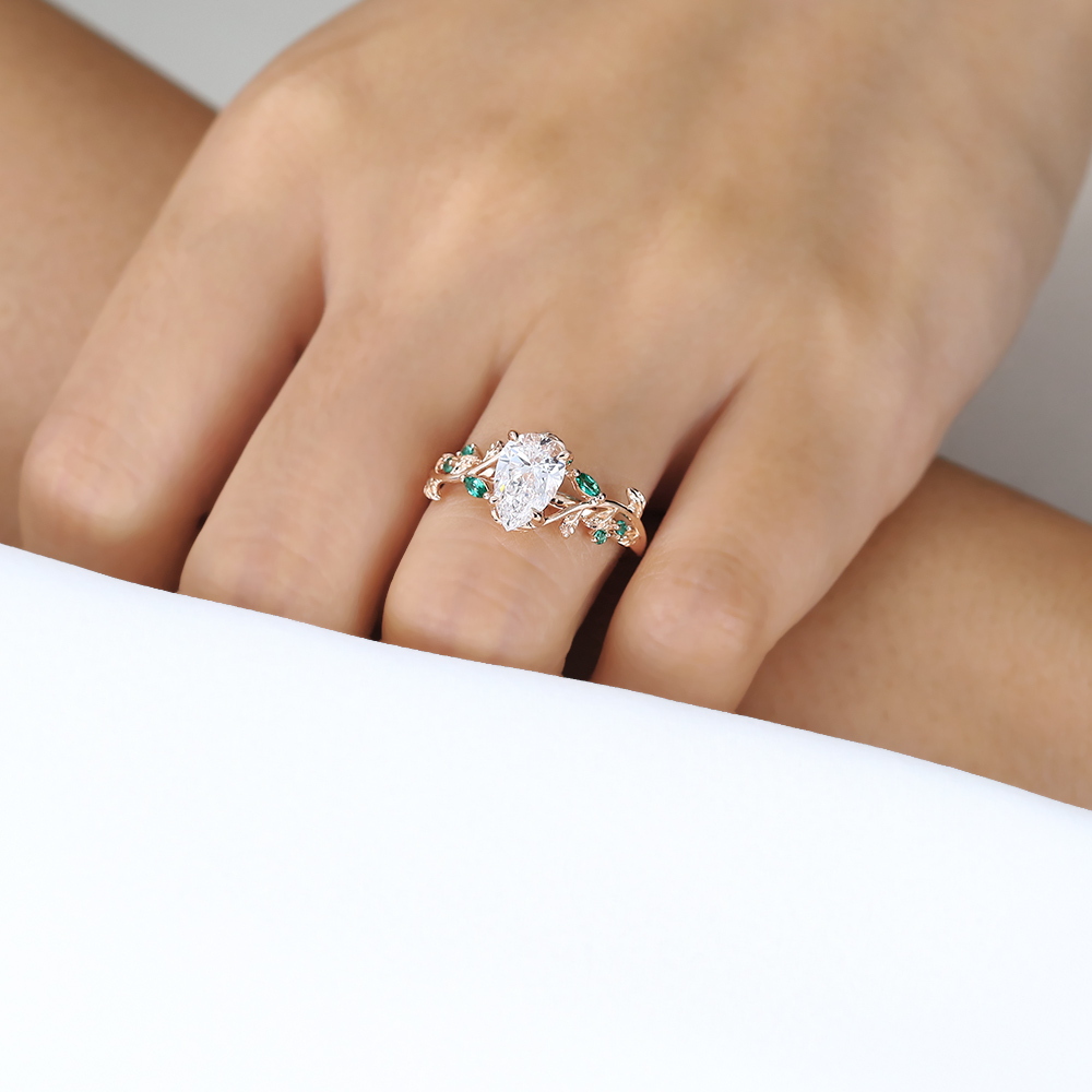 1ct Pear Lab Diamond Ring Nature-Inspired 4 Claw Engagement Ring in Rose Gold