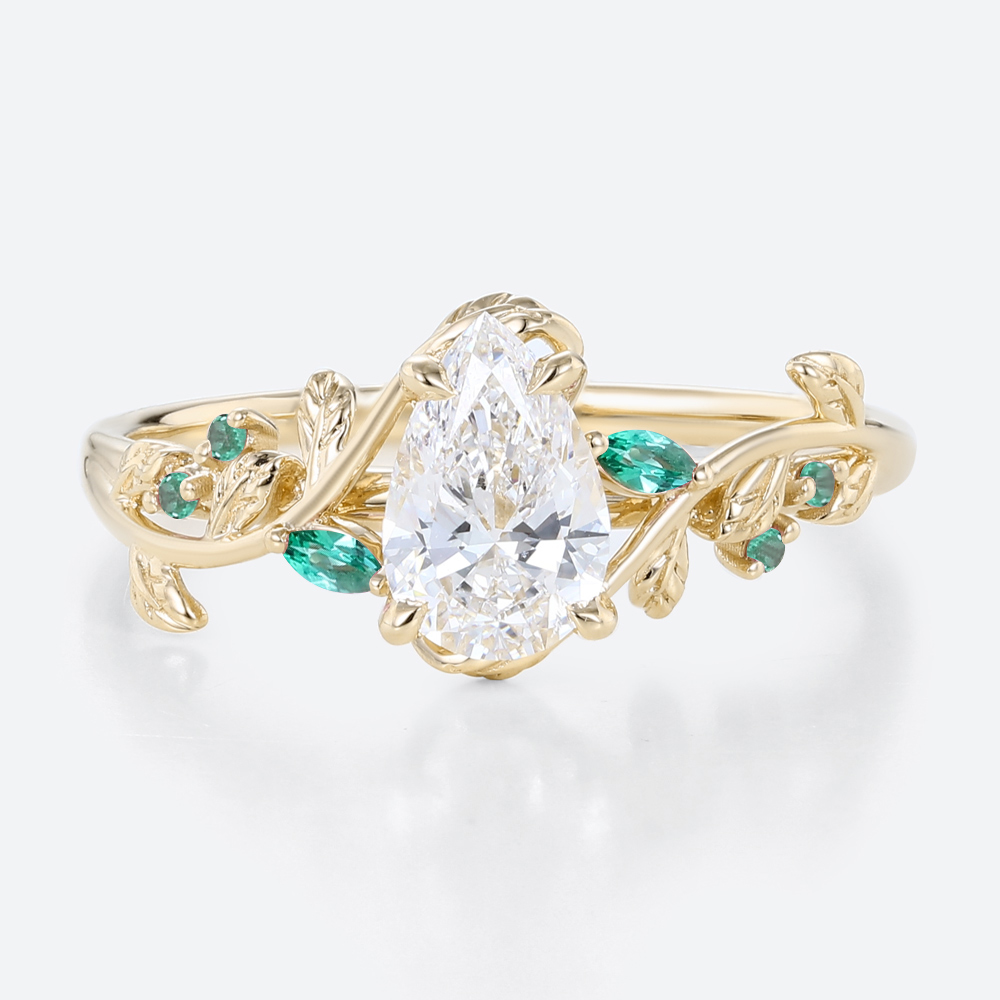 1ct Pear Lab Diamond Ring Nature-Inspired 4 Claw Engagement Ring in Yellow Gold
