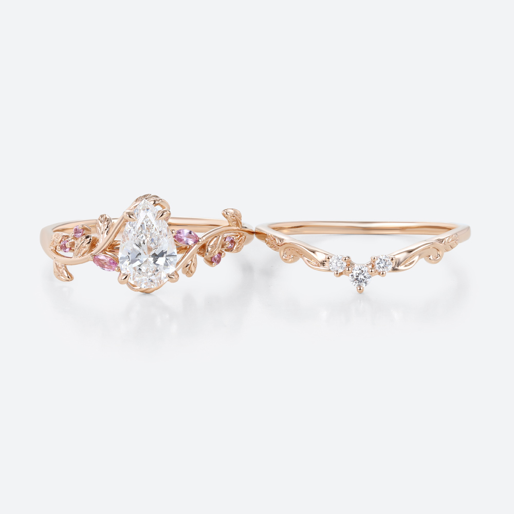 1ct Pear Cut Lab Grown Diamond Ring Set Vine & Twig Bridal Ring in Rose Gold