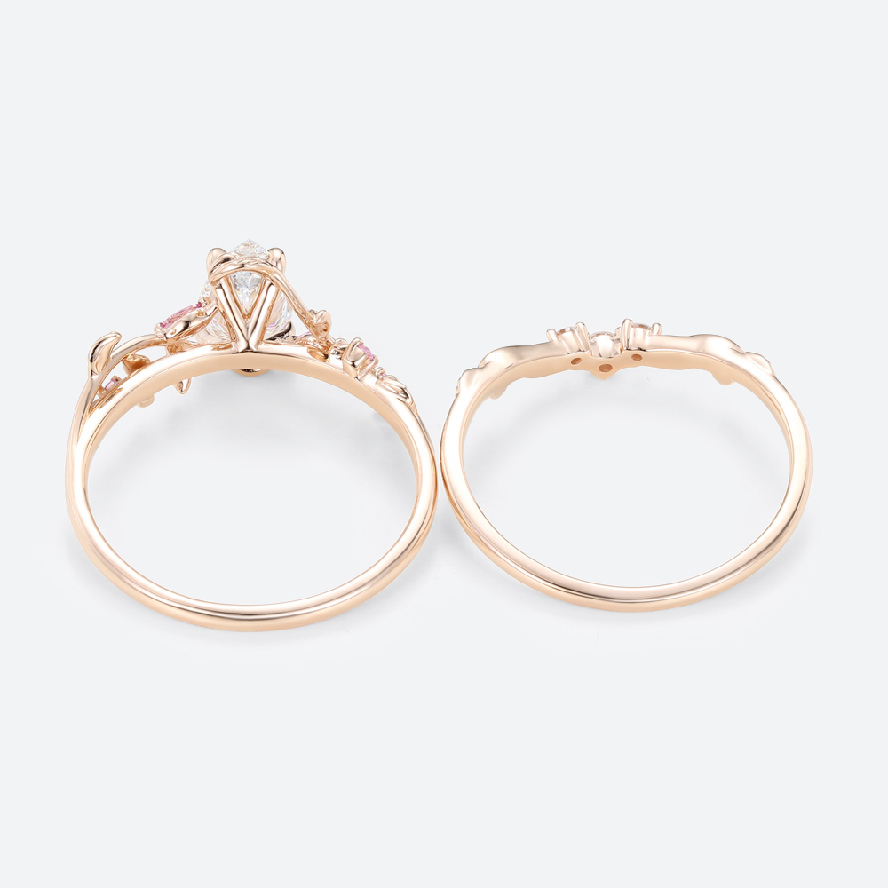1ct Pear Cut Lab Grown Diamond Ring Set Vine & Twig Bridal Ring in Rose Gold