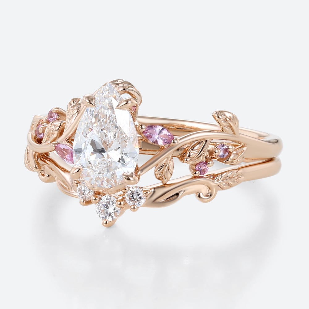 1ct Pear Cut Lab Grown Diamond Ring Set Vine & Twig Bridal Ring in Rose Gold