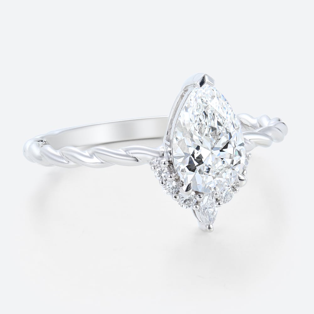 Pear Ring 1ct Lab Created Diamond Rings 3/4 Twisted 3-Prong Rings​ in White Gold