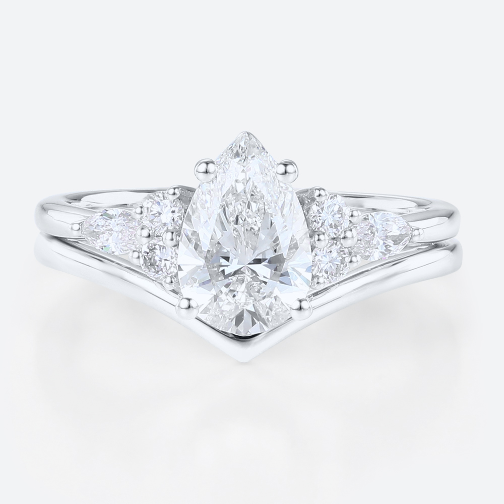 1ct Colorless VS+ Pear Shaped Lab Grown Diamond Rings Sets Classic 4-Prong Engagement Ring with Simple V-shaped ring Set in White Gold
