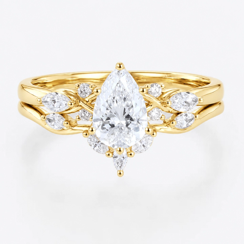 1ct Pear Cut Lab Grown Diamond Winged Marquise Cluster Bridal Ring Set in White Gold