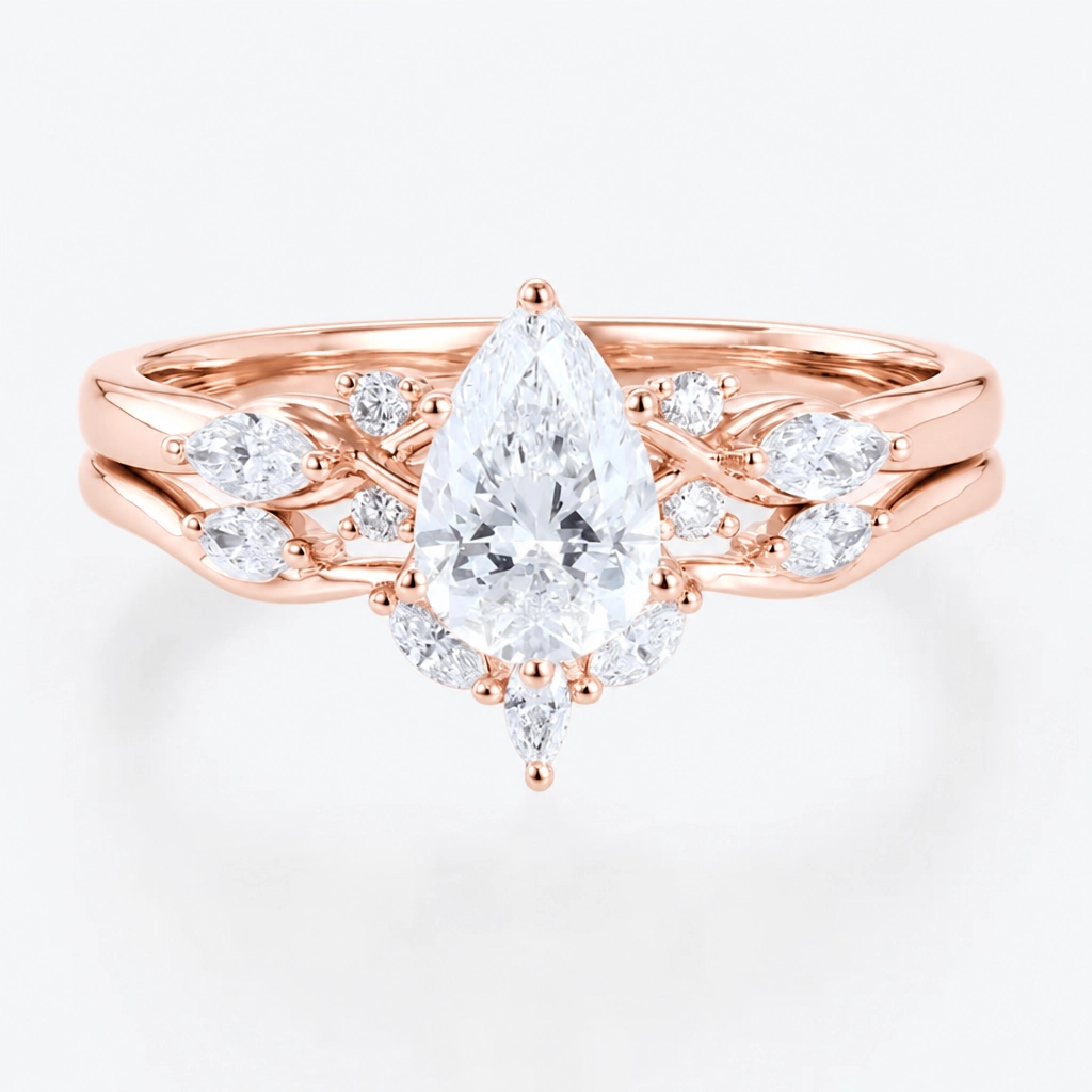 1ct Pear Cut Lab Grown Diamond Winged Marquise Cluster Bridal Ring Set in White Gold