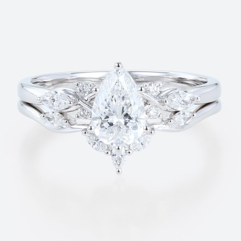 White Gold Pear Shaped Lab Diamond Ring Set with Vine Filigree Band
