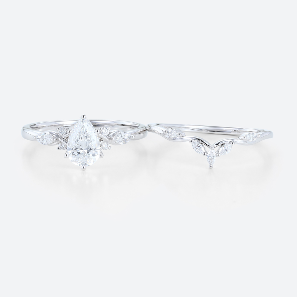 White Gold Pear Shaped Lab Diamond Ring Set with Vine Filigree Band