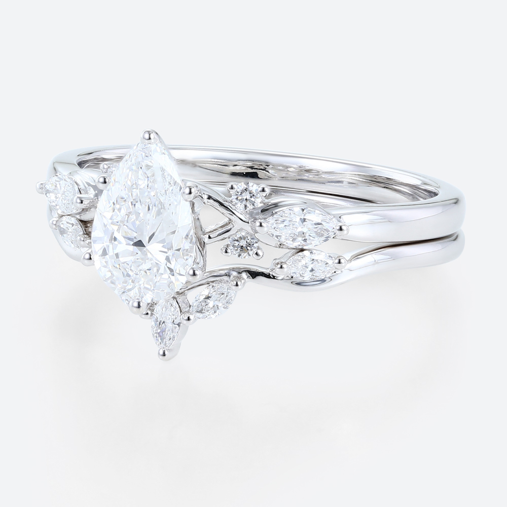 White Gold Pear Shaped Lab Diamond Ring Set with Vine Filigree Band