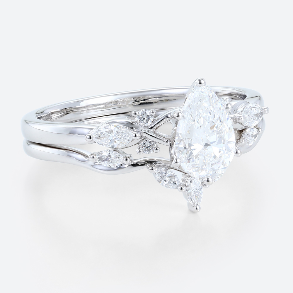 White Gold Pear Shaped Lab Diamond Ring Set with Vine Filigree Band