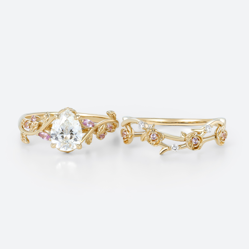 1ct Pear Shaped Lab Grown Diamond Rings Set Ornate Rose Vine in Yellow Gold
