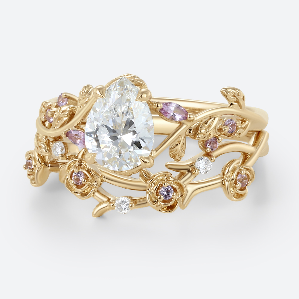1ct Pear Shaped Lab Grown Diamond Rings Set Ornate Rose Vine in Yellow Gold