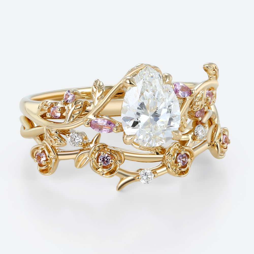 1ct Pear Shaped Lab Grown Diamond Rings Set Ornate Rose Vine in Yellow Gold