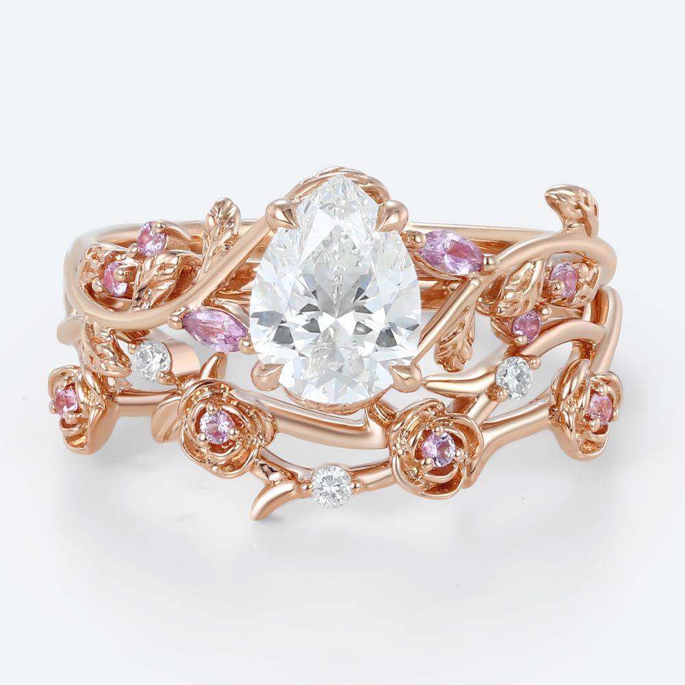 1ct Pear Shaped Lab Grown Diamond Rings Set Ornate Rose Vine in Rose Gold