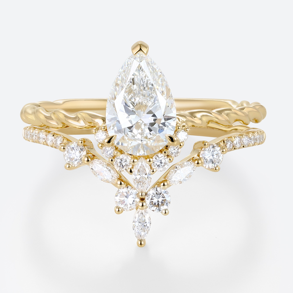 Solid Gold 1 Carat Pear Shaped Lab Diamond Twisted Engagement Ring Set