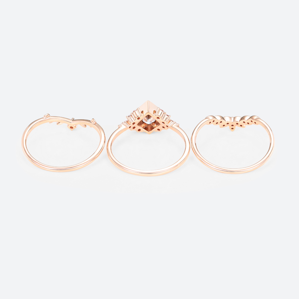 Rose Gold Princess Cut Lab Grown Diamond Leaf Wedding Ring Set