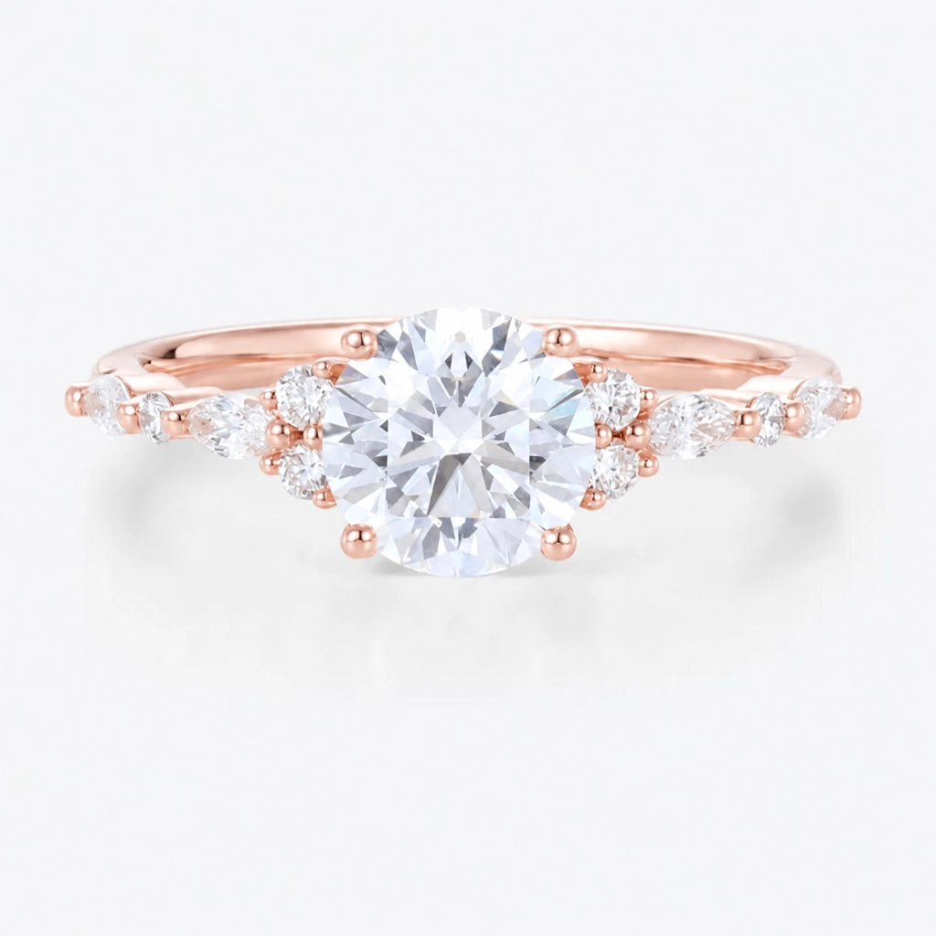 1ct Round Cut Lab Grown Diamond Marquise Cluster Engagement Ring in Yellow Gold
