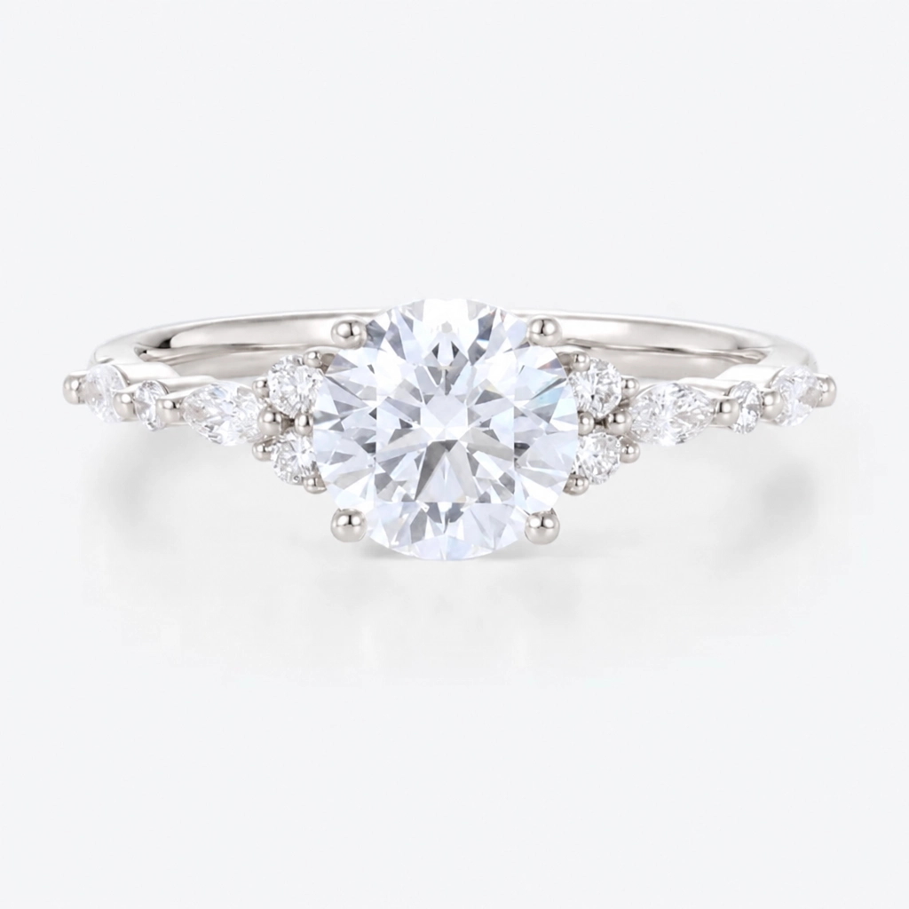 1ct Round Cut Lab Grown Diamond Marquise Cluster Engagement Ring in Yellow Gold