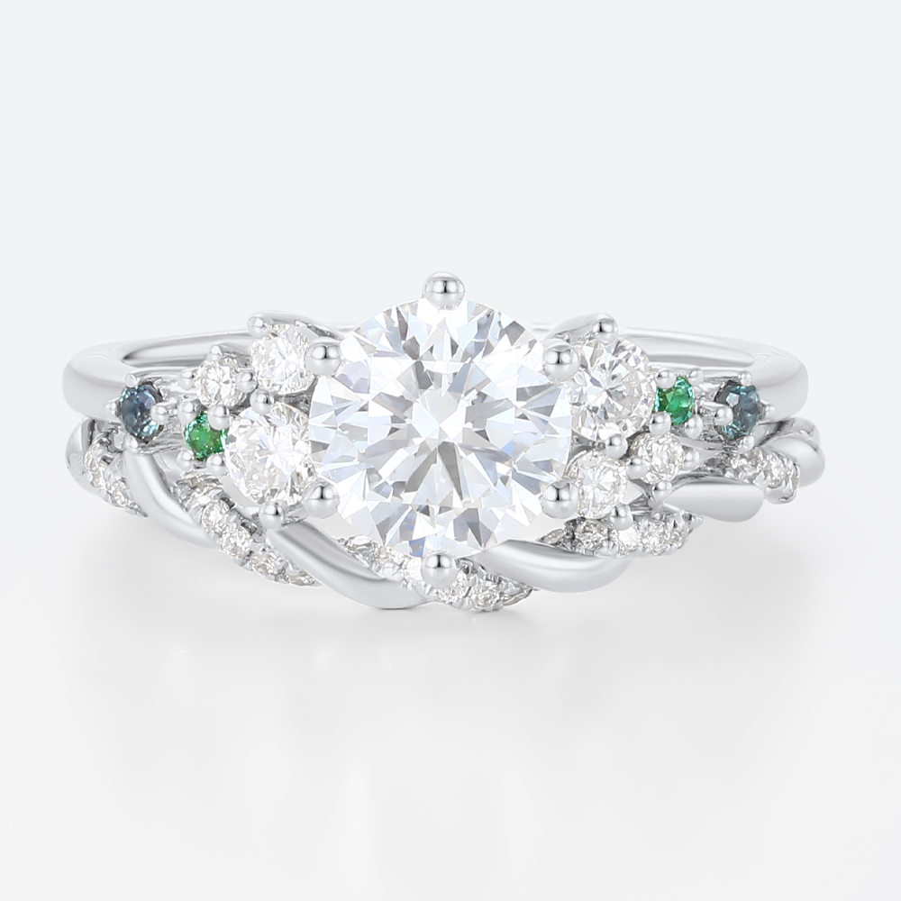 1ct Round Cut Lab Diamond Rings Set Celestial Design Engagement Ring in White Gold