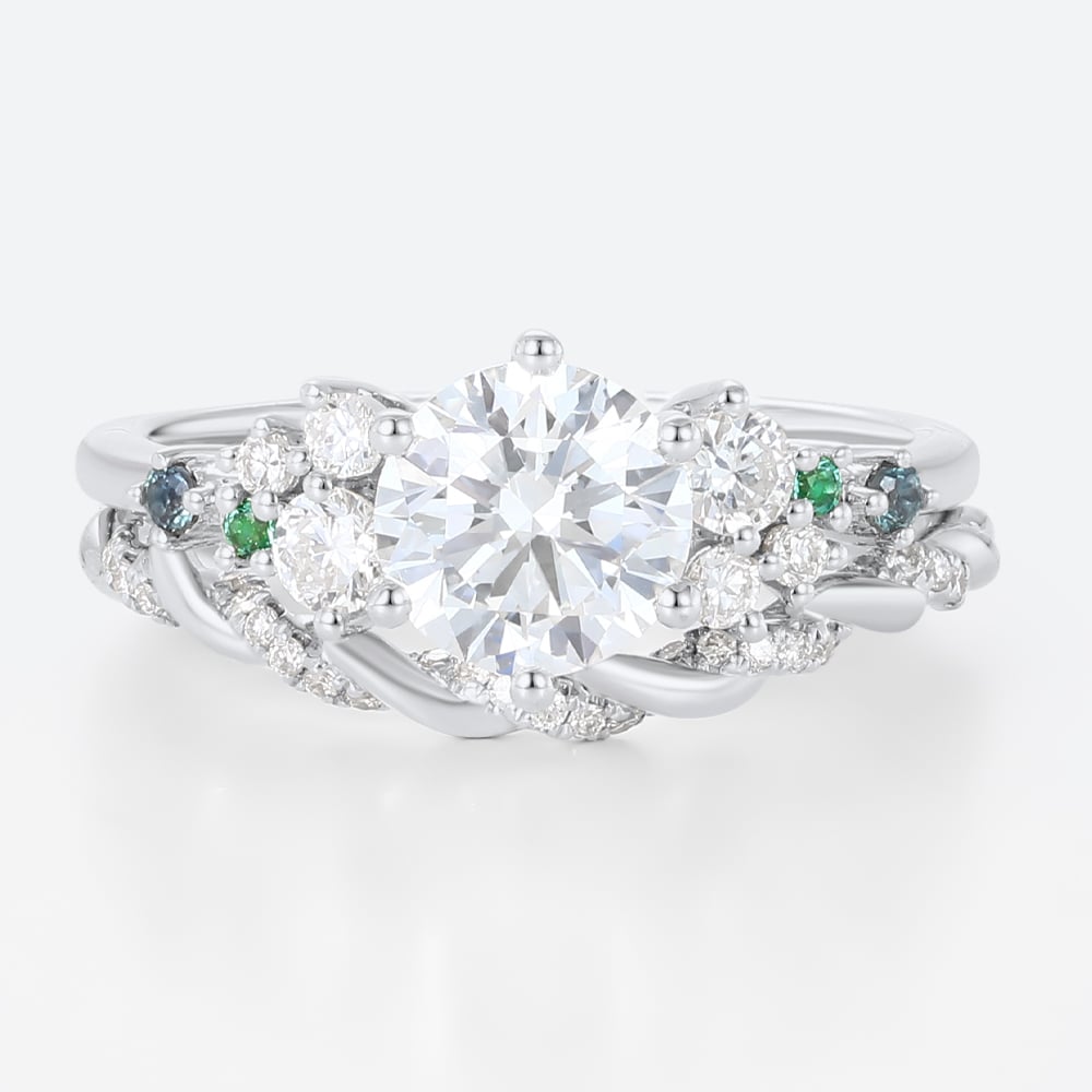 1ct Round Cut Lab Diamond Rings Set Celestial Design Engagement Ring in White Gold