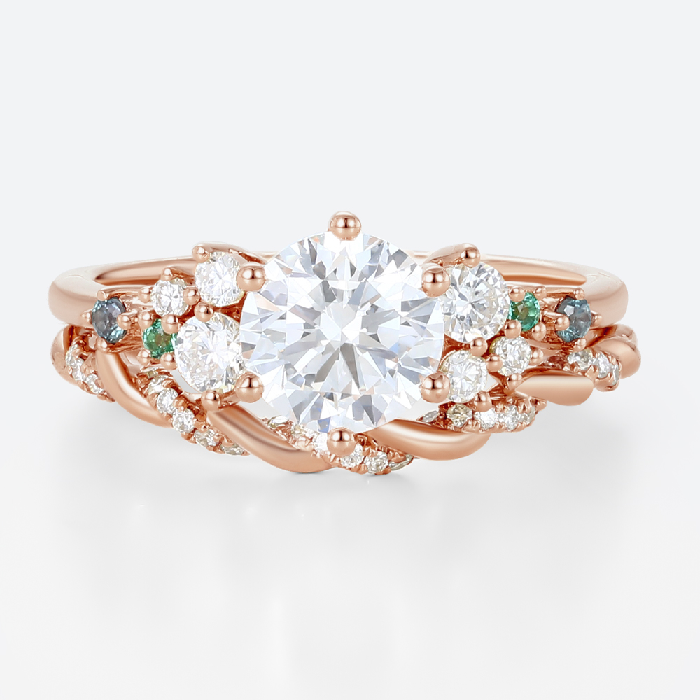 1ct Round Cut Lab Diamond Rings Set Celestial Design Engagement Ring in Rose Gold