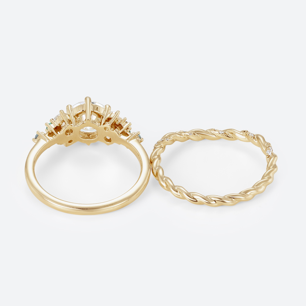 1ct Round Cut Lab Diamond Rings Set Celestial Design Engagement Ring in Yellow Gold