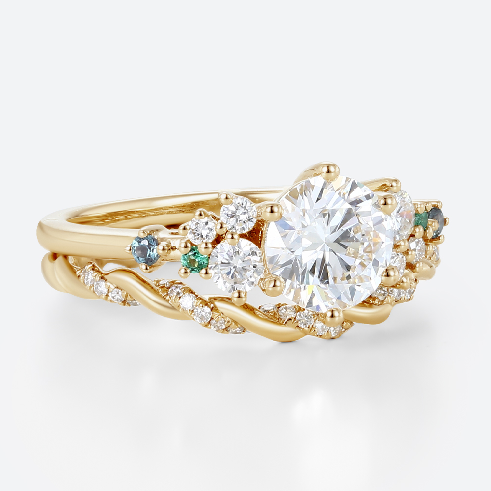 1ct Round Cut Lab Diamond Rings Set Celestial Design Engagement Ring in Yellow Gold
