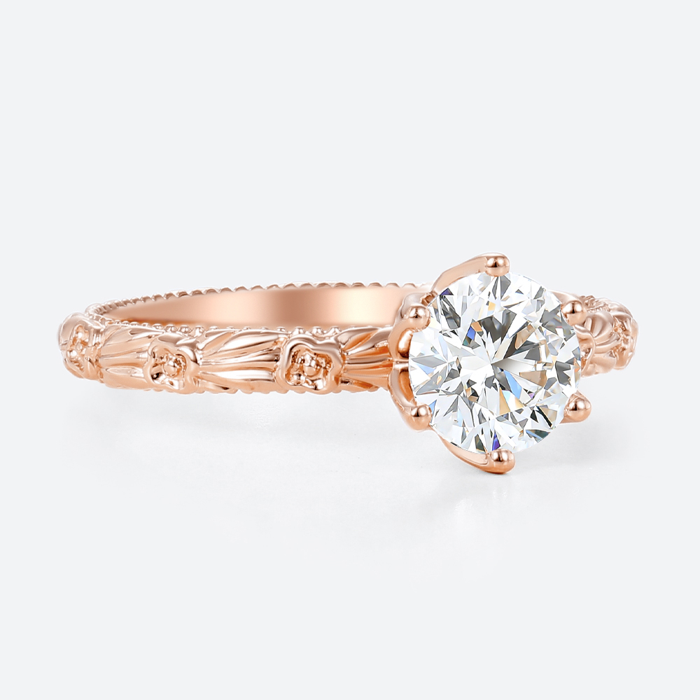 Round Lab Grown Diamond Floral Engagement Ring in Rose Gold